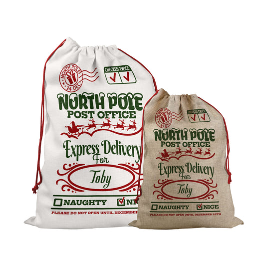 Personalised Christmas Sack With North Pole Mail Design For Kids And Childrens