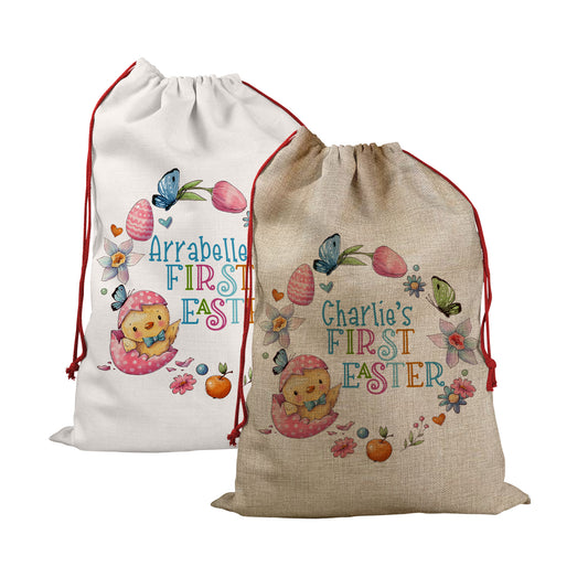Personalised Easter Sack With First Easter Chick Design For New Born Baby