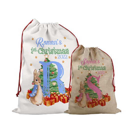 Personalised Christmas Sack With Peter Rabbit 1st Christmas Design For New Born Baby
