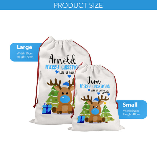 Personalised Christmas Sack With Blue Rudolph Reindeer Design For Kids And Childrens
