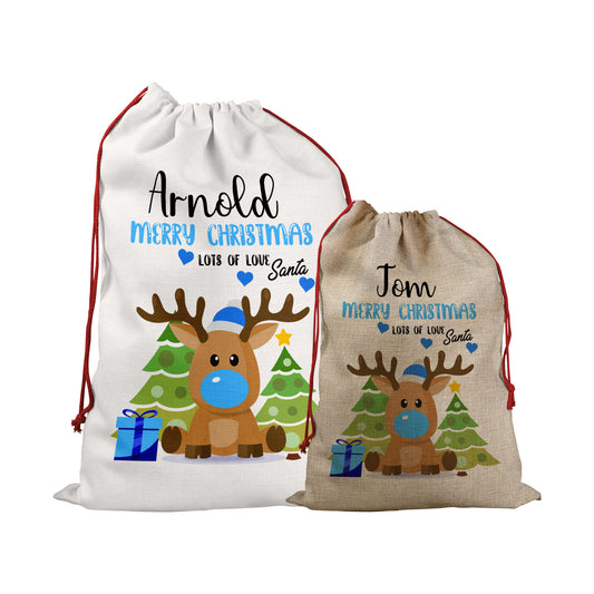 Personalised Christmas Sack With Blue Rudolph Reindeer Design For Kids And Childrens